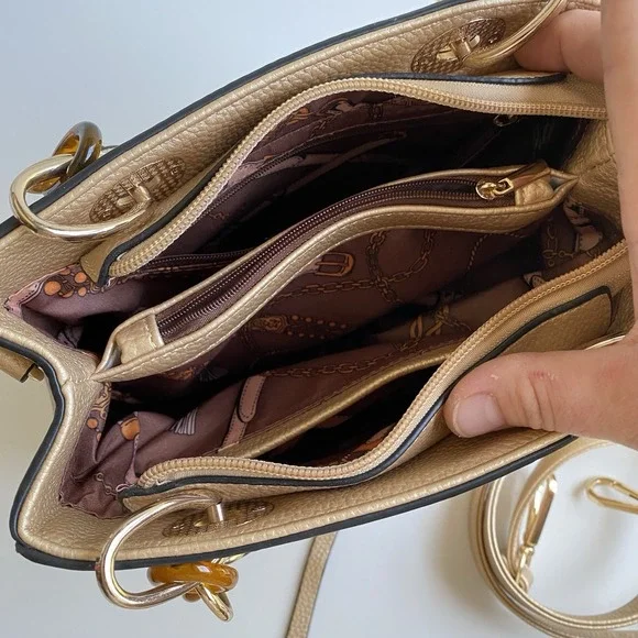 Women's Tan Crossbody Hand Satchel Chained Handle Faux‎ Leather Purse Bag Gold - Picture 6 of 8